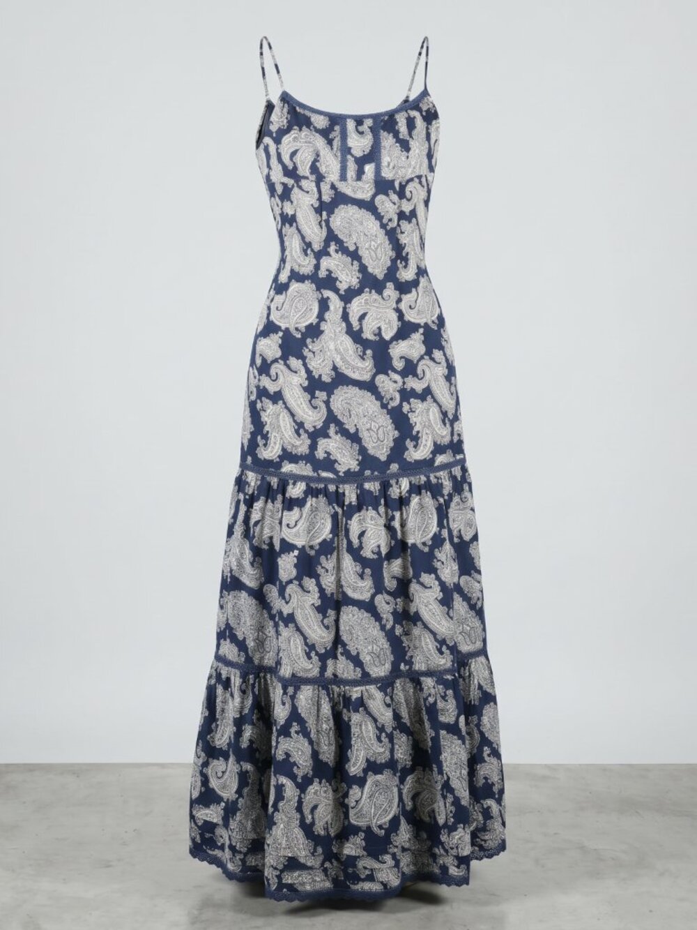 Vtg Juicy Couture 'Patio Voile' Maxi Dress Sz 6 Navy Paisley Tiered